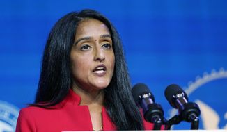 In this Jan. 7, 2021, file photo, Associate Attorney General nominee Vanita Gupta speaks during an event with President-elect Joe Biden and Vice President-elect Kamala Harris at The Queen theater in Wilmington, Del. More than 75 former U.S. attorneys are throwing their support behind Gupta for associate attorney general and urging congressional leaders to quickly confirm her to the post. Gupta has been nominated for the No. 3 position in the Justice Department. (AP Photo/Susan Walsh)
