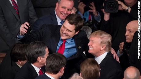 Gaetz takes a selfie with then-President Donald Trump in the House chamber after Trump's State of the Union address in January 2018.