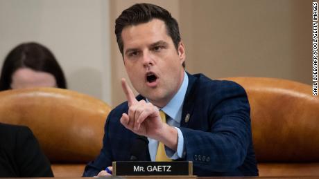 Gaetz questions witnesses at a House Judiciary Committee hearing on the impeachment of US President Donald Trump on Capitol Hill in December 2019. 