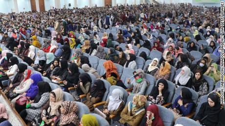 Afghan women, youths, activists and elders gather at a rally to support peace talks and the republic government in Kabul, Afghanistan, on March 29, 2021. 