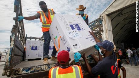 Boxes of the AstraZeneca vaccine, manufactured by the Serum Institute of India and provided through the COVAX global initiative, arrive in Mogadishu, Somalia on March 15.