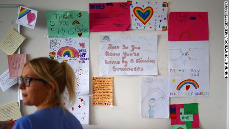Thank-you notes and rainbow pictures cover the walls at the Royal Blackburn Teaching Hospital in England.