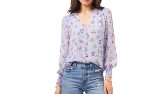 1.State Smocked Detail Button-Up Blouse