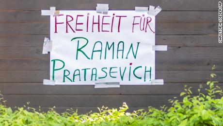 &quot;Freedom for Raman Pratasevich&quot; (Protasevich) is written on a protest wagon in front of the Embassy of Belarus in Berlin, Germany, Monday, May 24, 2021.