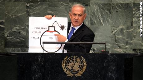 Netanyahu uses a diagram of a bomb to describe Iran's nuclear program during an address to the UN General Assembly in September 2012 in New York.