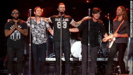 (From left) Michael Madden, PJ Morton, Adam Levine, James Valentine, Jesse Carmichael and Matt Flynn of Maroon 5.