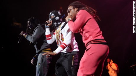 (From left) Quavo, Takeoff and Offset of Migos perform onstage.