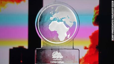 An ice sculpture is put in place for Prime Minister Boris Johnson in the studio before the start of the Channel 4 News' General Election climate debate on November 28, 2019 in London, England. 