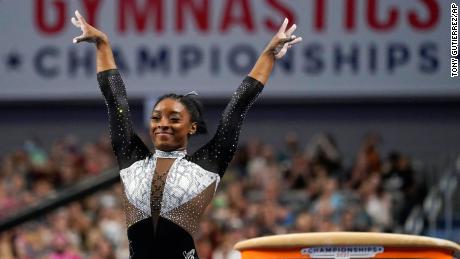 Simone Biles celebrates after competing in the vault during the US Gymnastics Championships earlier this month.