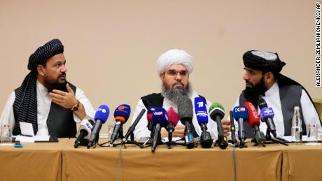 Mohammad Naim, Mawlawi Shahabudding Delawar and Suhil Shaheen, members of a political delegation from the Taliban, attend a news conference in Moscow, Russia, onJuly 9, 2021.