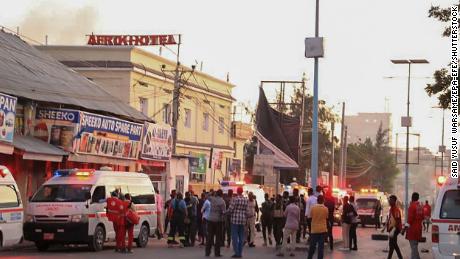 The aftermath of an attack on the Afrik hotel in Mogadishu, Somalia, in January. Al-Shabaab claimed responsibility, which CNN has been unable to independently verify. The UN report warned that Al-Shabaab may fill the vacuum as &quot;strategic support&quot; to Somali government forces declines.