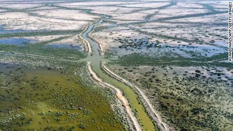 An aeriel view on June 20, 2021 of the drying Chibayesh marshland in Iraq's southern Ahwar area.