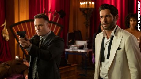 Scott Porter and Tom Ellis in 'Lucifer,' which begins its final season on Netflix.