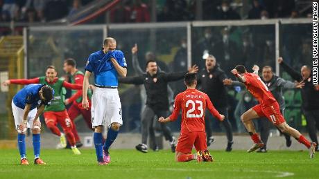 Italy's Giorgio Chiellini looks dejected after defeat against North Macedonia.