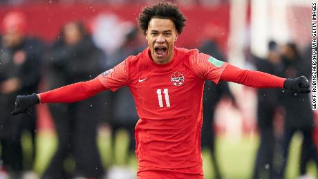 Tajon Buchanan celebrates after Canada defeated Jamaica 4-0 in its World Cup qualifier to secure a place in Qatar.